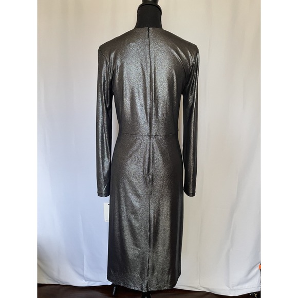 NWT Harper Rose Silver Metallic Long Sleeve Twist Front Midi Glam Dress Size 10 - Picture 6 of 8